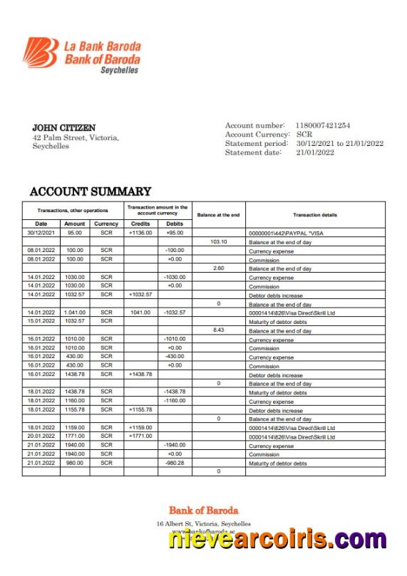 Seychelles Bank of Baroda bank statement